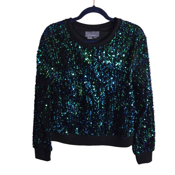 Anthropologie Sequin Velvet Sweatshirt Peacock Green Blue Black Stunning Size S - Picture 2 of 9